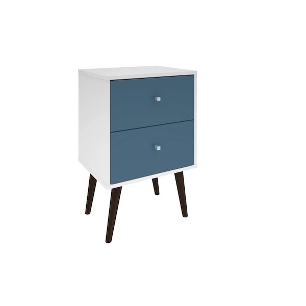 Designed To Furnish Liberty Mid Century-Modern Nightstand 2 w/Solid Wood Leg 2 Full Extension Drawers, Wht & Aqua Blue DE2543546 - main